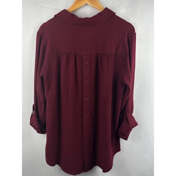 Cosmic Blue Love Womens Textured Burgundy Button-Up Blouse Long Sleeve Size M Ra - Picture 4 of 4